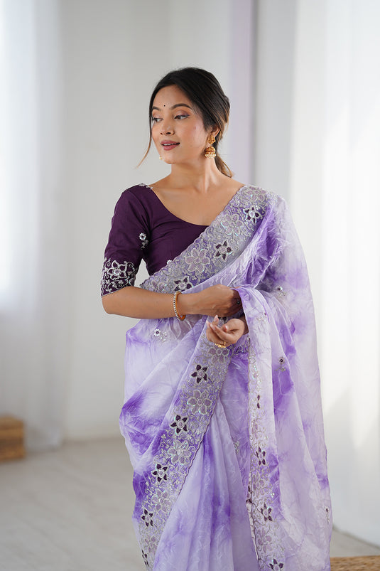 Blue Fendi Badal Print Sequins Embroidered Festive Wear Saree For Women