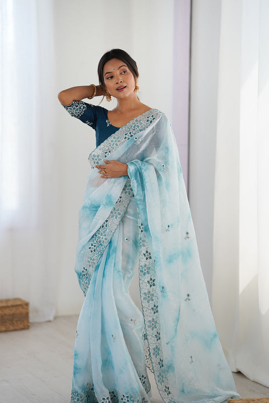 Blue Fendi Badal Print Sequins Embroidered Festive Wear Saree For Women