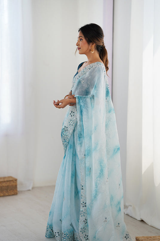 Blue Fendi Badal Print Sequins Embroidered Festive Wear Saree For Women