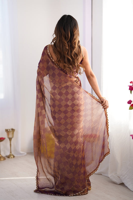 Wine Embellished Chiffon Checks Party Wear Saree For Women