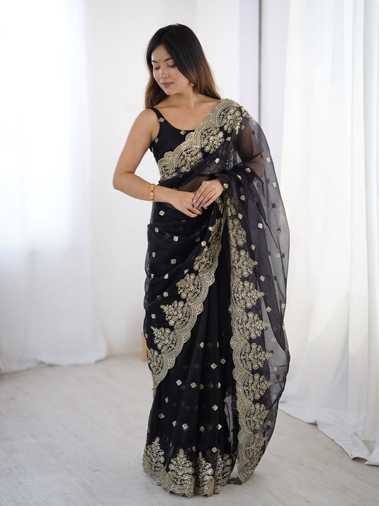Rama Sequins Embroidered Soft Twill Net Festive Saree For Women