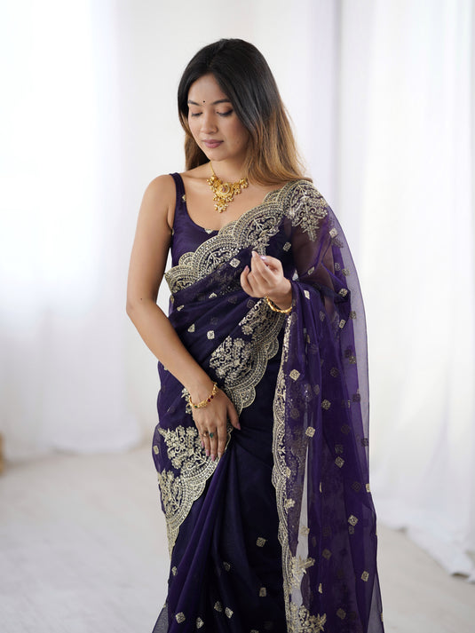 Rama Sequins Embroidered Soft Twill Net Festive Saree For Women