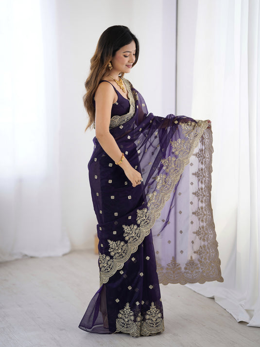 Rama Sequins Embroidered Soft Twill Net Festive Saree For Women