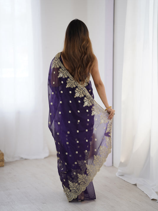 Rama Sequins Embroidered Soft Twill Net Festive Saree For Women