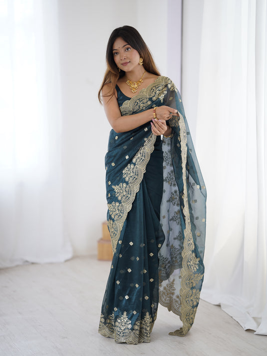 Rama Sequins Embroidered Soft Twill Net Festive Saree For Women
