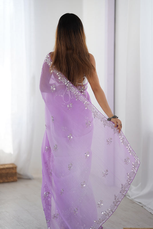 Mauve Embroidered Chiffon Crush Party Wear Saree For Women