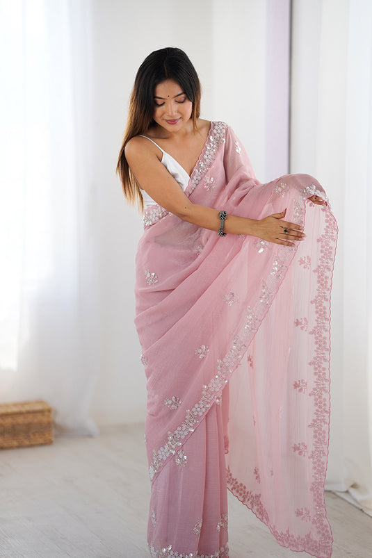 Mauve Embroidered Chiffon Crush Party Wear Saree For Women