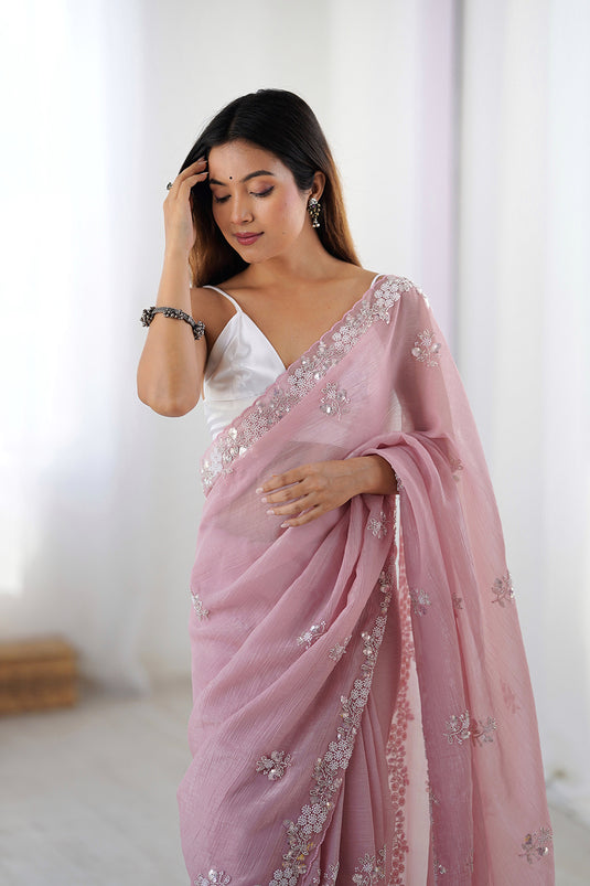 Mauve Embroidered Chiffon Crush Party Wear Saree For Women