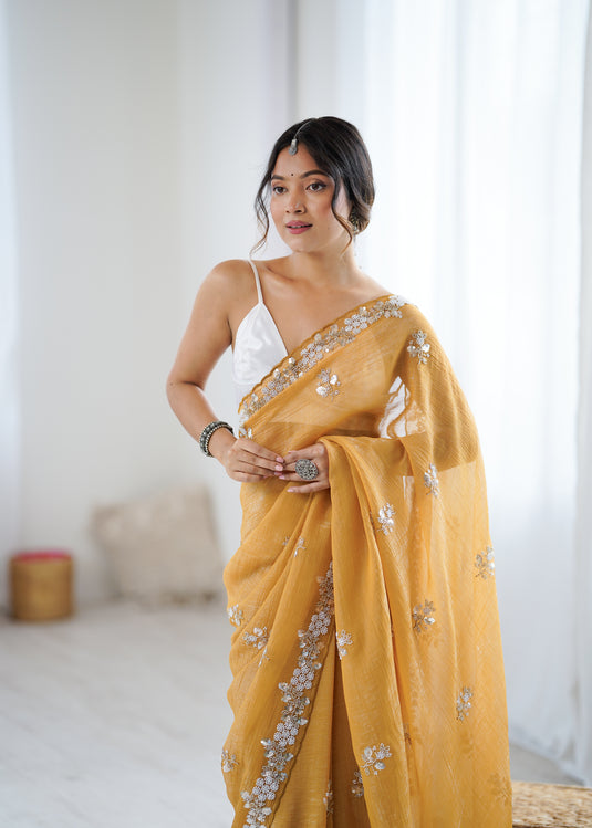 Mauve Embroidered Chiffon Crush Party Wear Saree For Women