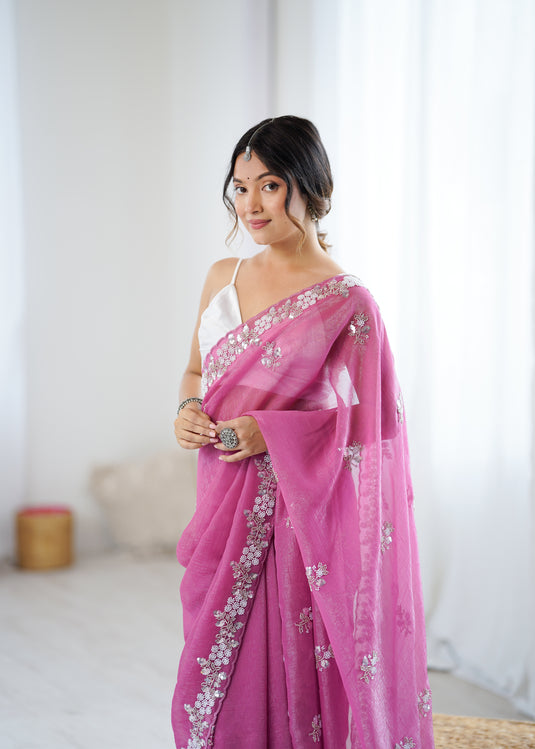 Mauve Embroidered Chiffon Crush Party Wear Saree For Women