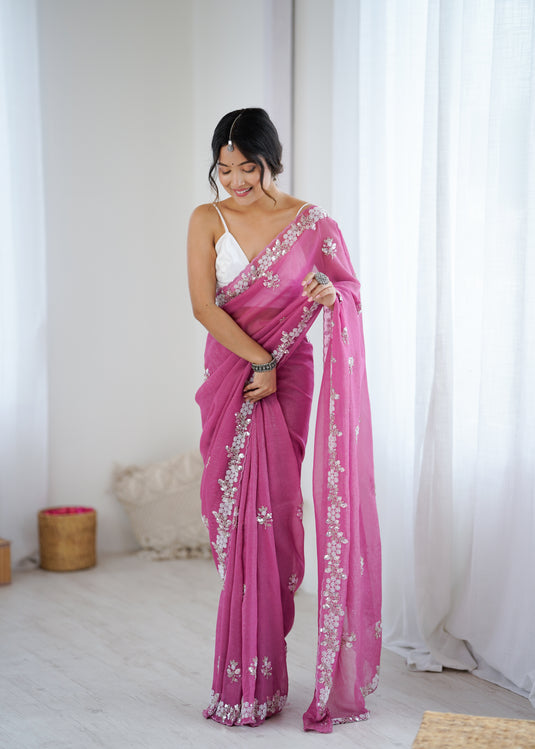 Mauve Embroidered Chiffon Crush Party Wear Saree For Women