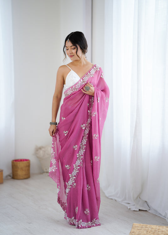 Mauve Embroidered Chiffon Crush Party Wear Saree For Women