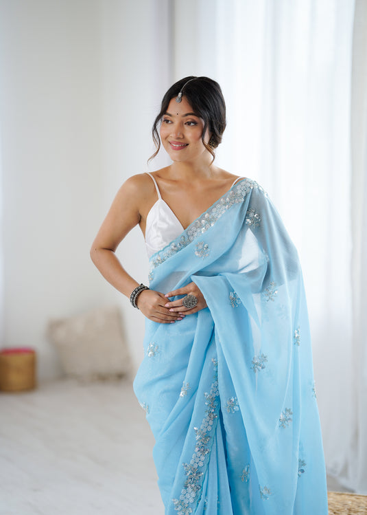 Mauve Embroidered Chiffon Crush Party Wear Saree For Women