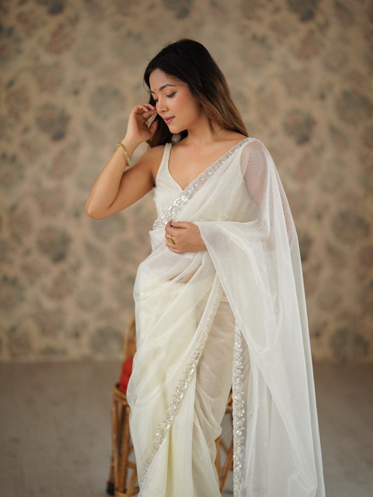 White Embroidered Twill Net Ceremonial Saree For Women