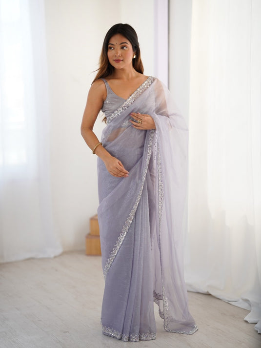 White Embroidered Twill Net Ceremonial Saree For Women