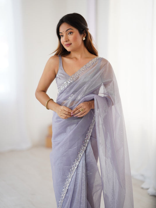 White Embroidered Twill Net Ceremonial Saree For Women