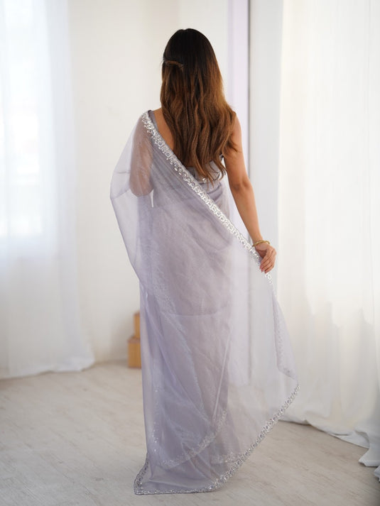 White Embroidered Twill Net Ceremonial Saree For Women