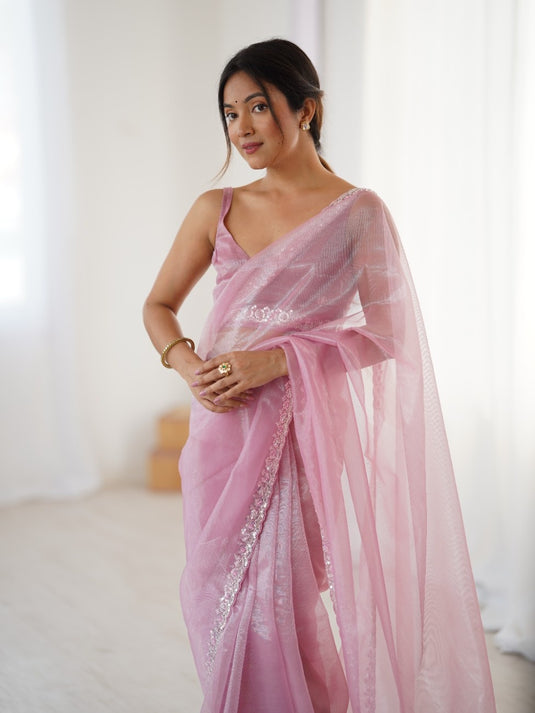 White Embroidered Twill Net Ceremonial Saree For Women