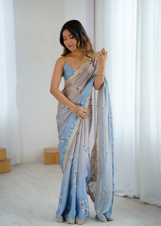 Beige Grey Sequins Embroidered Satin Chiffon Festive Saree For Women