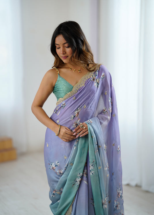 Beige Grey Sequins Embroidered Satin Chiffon Festive Saree For Women