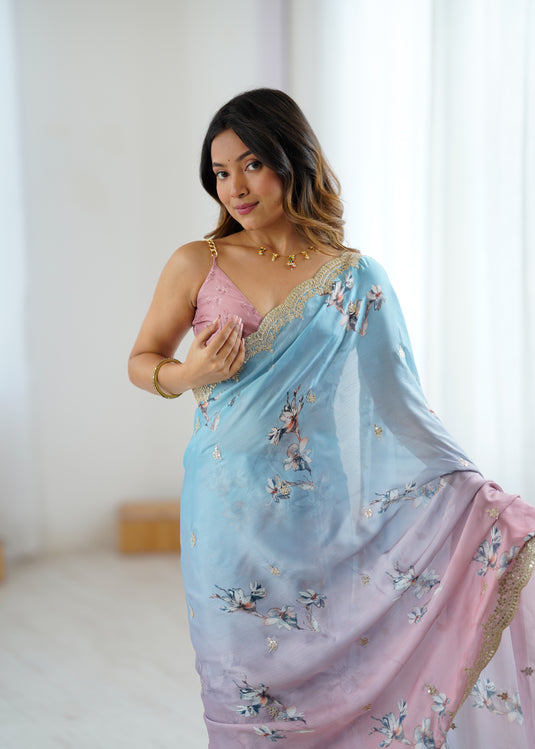 Beige Grey Sequins Embroidered Satin Chiffon Festive Saree For Women