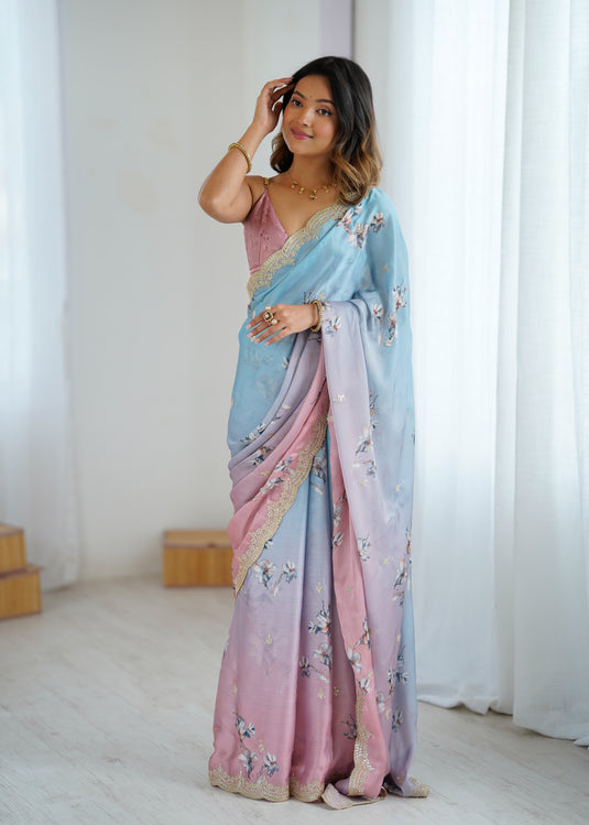 Beige Grey Sequins Embroidered Satin Chiffon Festive Saree For Women