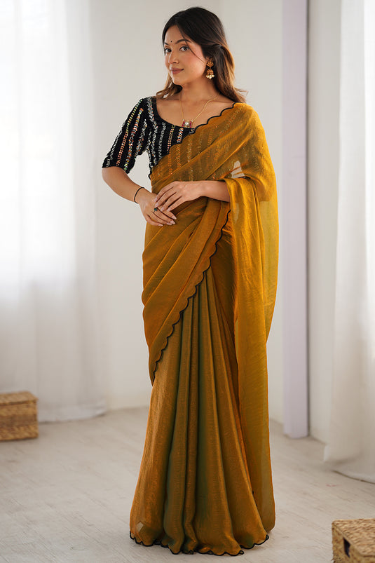 Golden Embellished Chiffon Silk Party Saree For Women