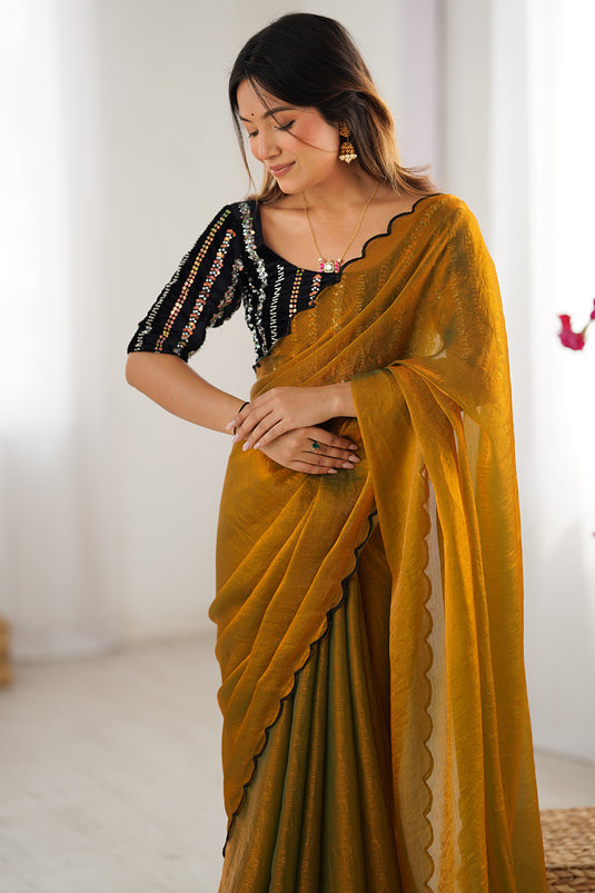 Golden Embellished Chiffon Silk Party Saree For Women
