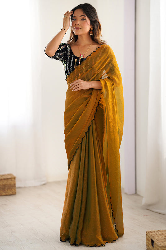 Golden Embellished Chiffon Silk Party Saree For Women