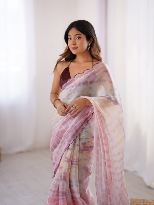 Cream Batik Print Satin Space Silk Party Wear Saree For Women