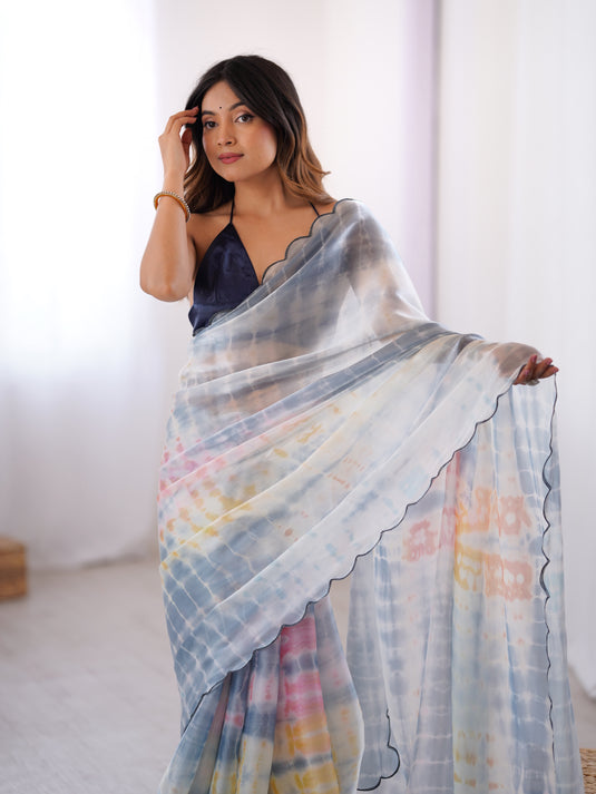 Cream Batik Print Satin Space Silk Party Wear Saree For Women