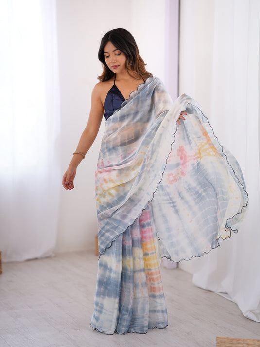 Cream Batik Print Satin Space Silk Party Wear Saree For Women