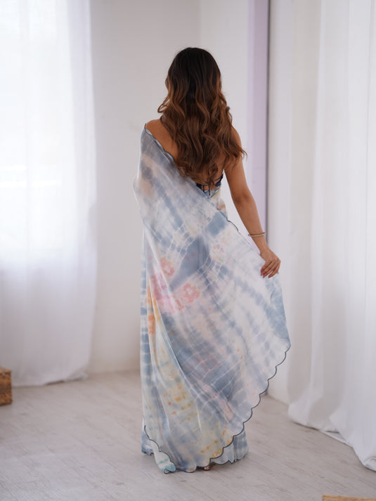 Cream Batik Print Satin Space Silk Party Wear Saree For Women