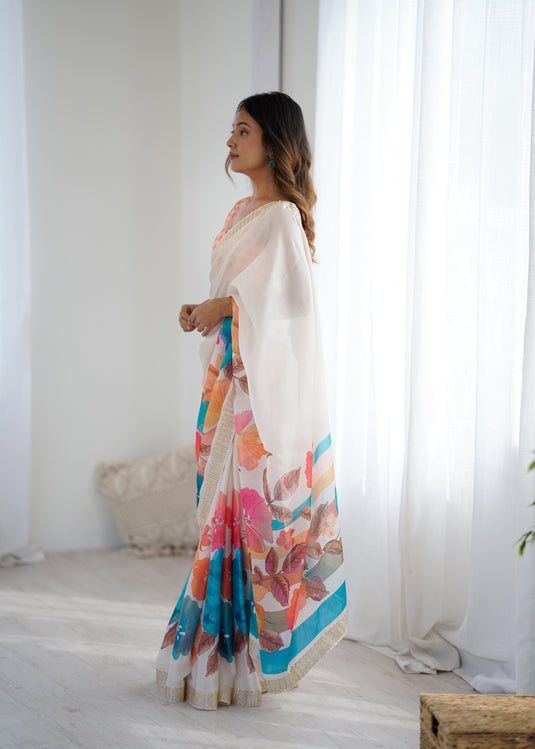 Blue Embellished Satin Chiffon Festive Wear Saree For Women