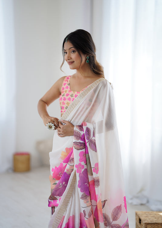 Blue Embellished Satin Chiffon Festive Wear Saree For Women