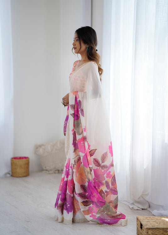 Blue Embellished Satin Chiffon Festive Wear Saree For Women