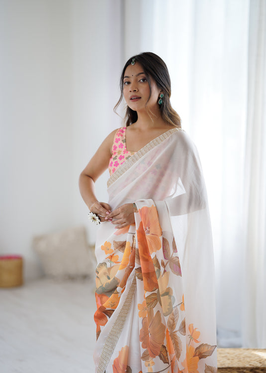 Blue Embellished Satin Chiffon Festive Wear Saree For Women