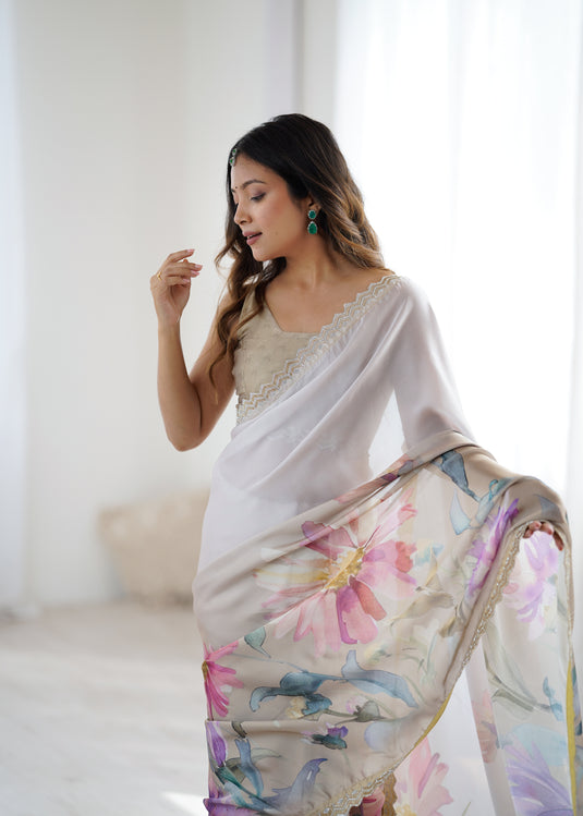 Beige Embellished Satin Georgette Saree For Women