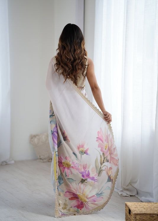 Beige Embellished Satin Georgette Saree For Women