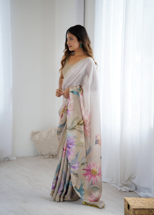 Beige Embellished Satin Georgette Saree For Women