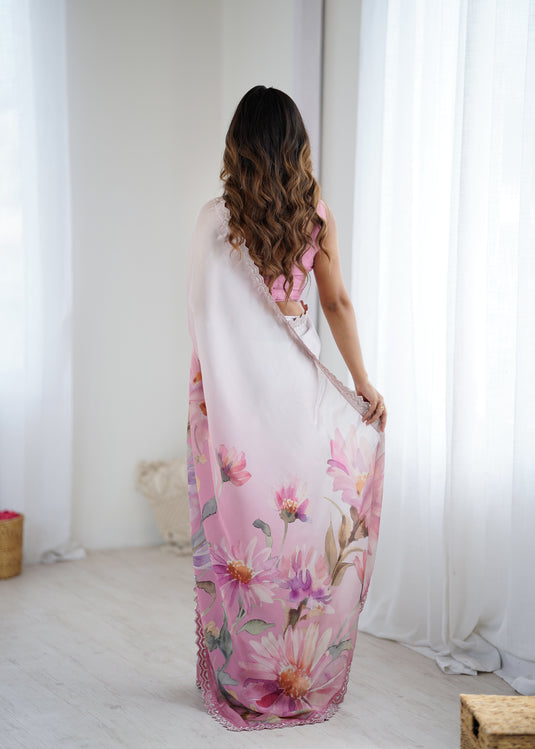 Beige Embellished Satin Georgette Saree For Women