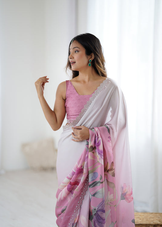 Beige Embellished Satin Georgette Saree For Women