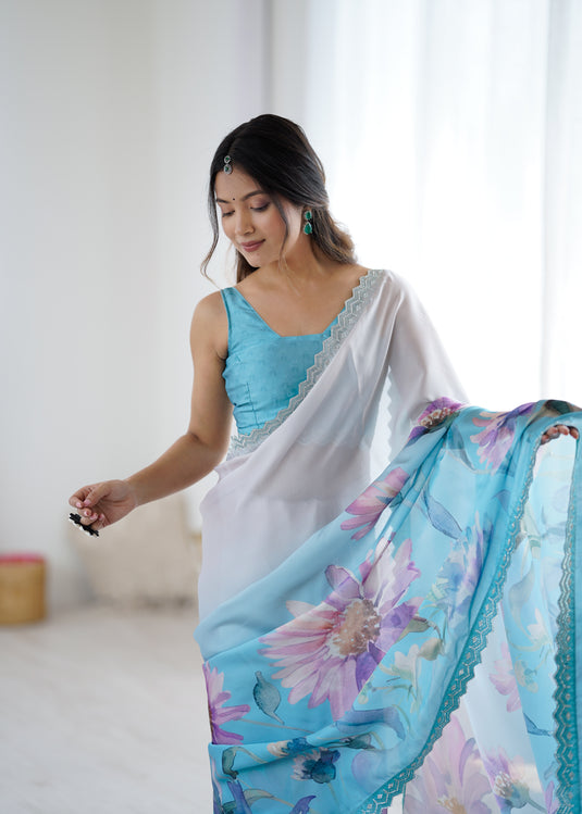 Beige Embellished Satin Georgette Saree For Women