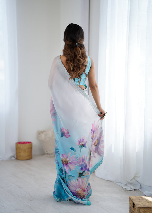 Beige Embellished Satin Georgette Saree For Women