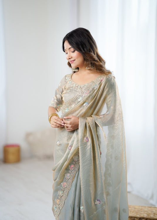 Beige Sequins Embroidered Two Tone Fendy Satin Festive Wear Saree For Women