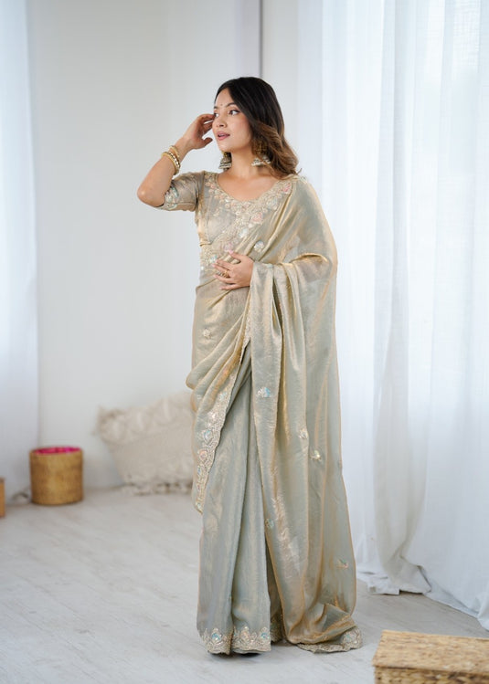 Beige Sequins Embroidered Two Tone Fendy Satin Festive Wear Saree For Women