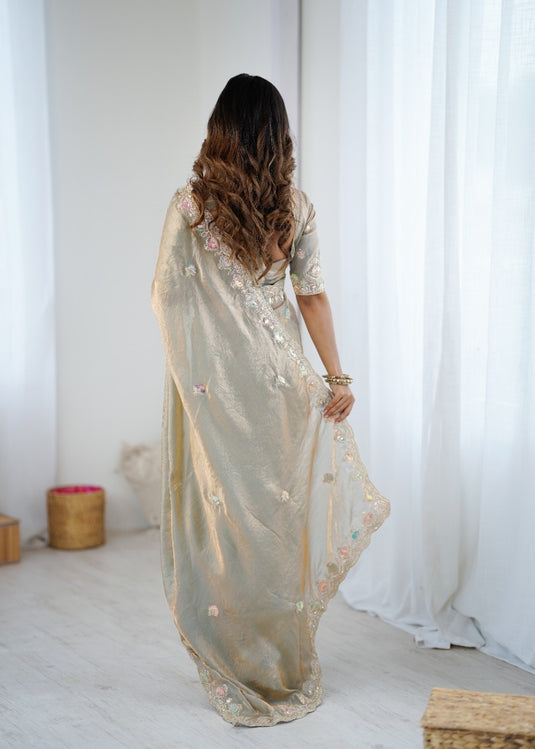 Beige Sequins Embroidered Two Tone Fendy Satin Festive Wear Saree For Women