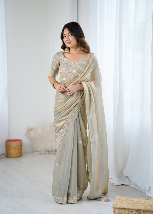 Beige Sequins Embroidered Two Tone Fendy Satin Festive Wear Saree For Women