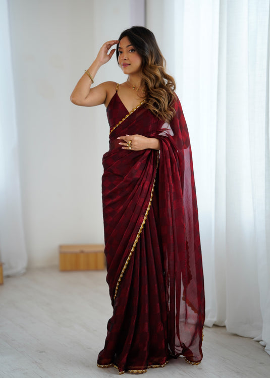 Maroon Embellished NC Chiffon Checks Festive Saree For Women