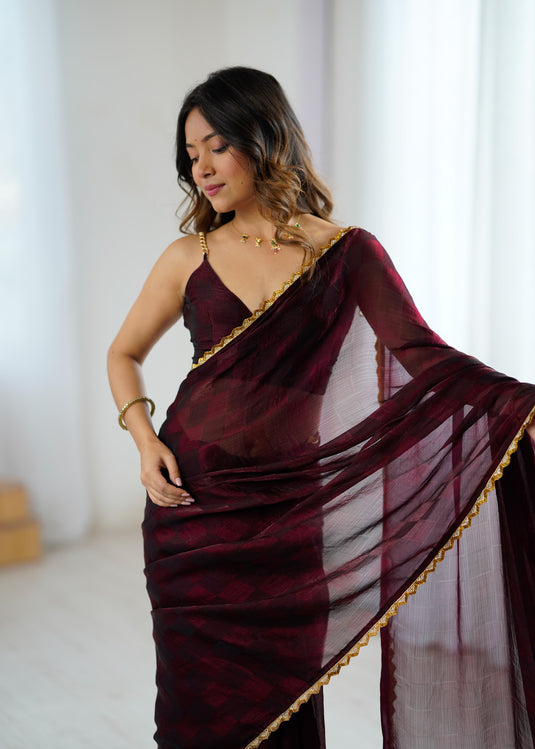 Maroon Embellished NC Chiffon Checks Festive Saree For Women